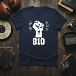 Navy blue t-shirt with a white graphic of a raised fist symbol and the number 810 below it