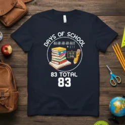 83 Days of School t-shirt featuring tally marks, stacked books, a pencil, and the number 83 total