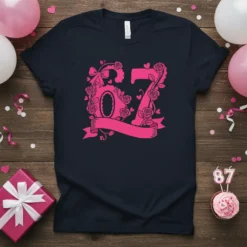 Pink floral design with the number 87 and a banner on a navy t-shirt, representing an 87 birthday gift