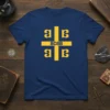 Navy blue t-shirt with a yellow 8C8B Byzantine cross design
