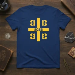 Navy blue t-shirt with a yellow 8C8B Byzantine cross design