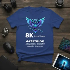 T-shirt with "8K Unreal Engine Artstaion" text and colorful owl graphic, detailing high-resolution photography and dramatic lighting