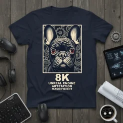 8K Unreal Engine Artstation Magnificent French Bulldog T-Shirt design featuring a detailed dog portrait with gears and tech elements