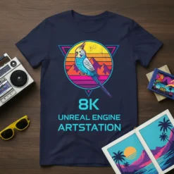 8K Unreal Engine Artstation t-shirt with a retro budgie design and sunset graphic