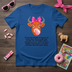 8K Unreal Engine Artstation T-Shirt featuring a detailed graphic of a cow wearing a pink bow and glasses, blowing bubble