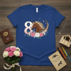 Blue t-shirt with a large number 8 and a brown horse with a flowing mane surrounded by pink and white