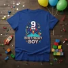 Blue t-shirt with "9 Birthday Boy" text, a rocket launching, stars, planets, and party elements, celebrating a 9th birthday