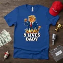 9 Lives Baby T-Shirt with a cartoon Trump cat wearing a suit and crown, political humor design