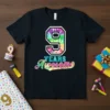 Black t-shirt with "9 YEARS Awesome" in tie-dye print, celebrating a 9th birthday
