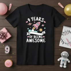 9 Years of Being Awesome t-shirt with a pink rocket ship launching through clouds and stars, celebrating a 9th birthday