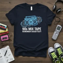 Navy t-shirt with neon blue text '90s Mix Tape Remember Cassettes?!' and a graphic of a retro boombox