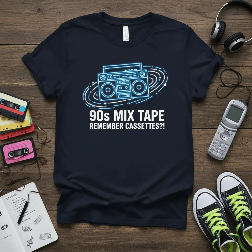 90s Mix Tape Remember Cassettes?! quote on navy t-shirt with neon retro boombox graphic