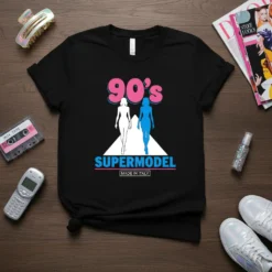 Black t-shirt with "90's SUPERMODEL MADE IN ITALY" text and silhouettes of two models, inspired by 90s fashion