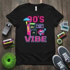 Black t-shirt with vibrant pink and blue text "90'S VIBE" and retro 90s graphics including arcade machine, boombox, and cloud