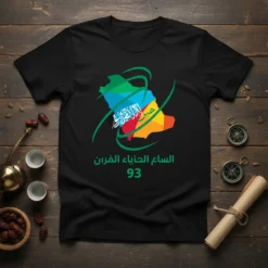 Saudi National Day "حيّاك الله يا وطني 93" T-Shirt with colorful Saudi Arabia map and Arabic calligraphy