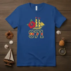 Blue t-shirt featuring the number 971 with a yellow outline, a yellow sailing ship, and a red hibiscus flower