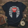 T-shirt with a red shield featuring the number 999, flanked by white angel wings and a halo, representing the 999