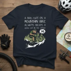 A BAD DAY ON A MOUNTAIN BIKE ALWAYS BEATS A GOOD DAY IN THE OFFICE quote on a dark navy