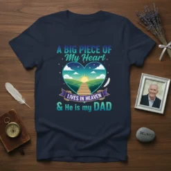 T-shirt with "A Big Piece of My Heart Lives in Heaven & He is my DAD" text and a heart-shaped