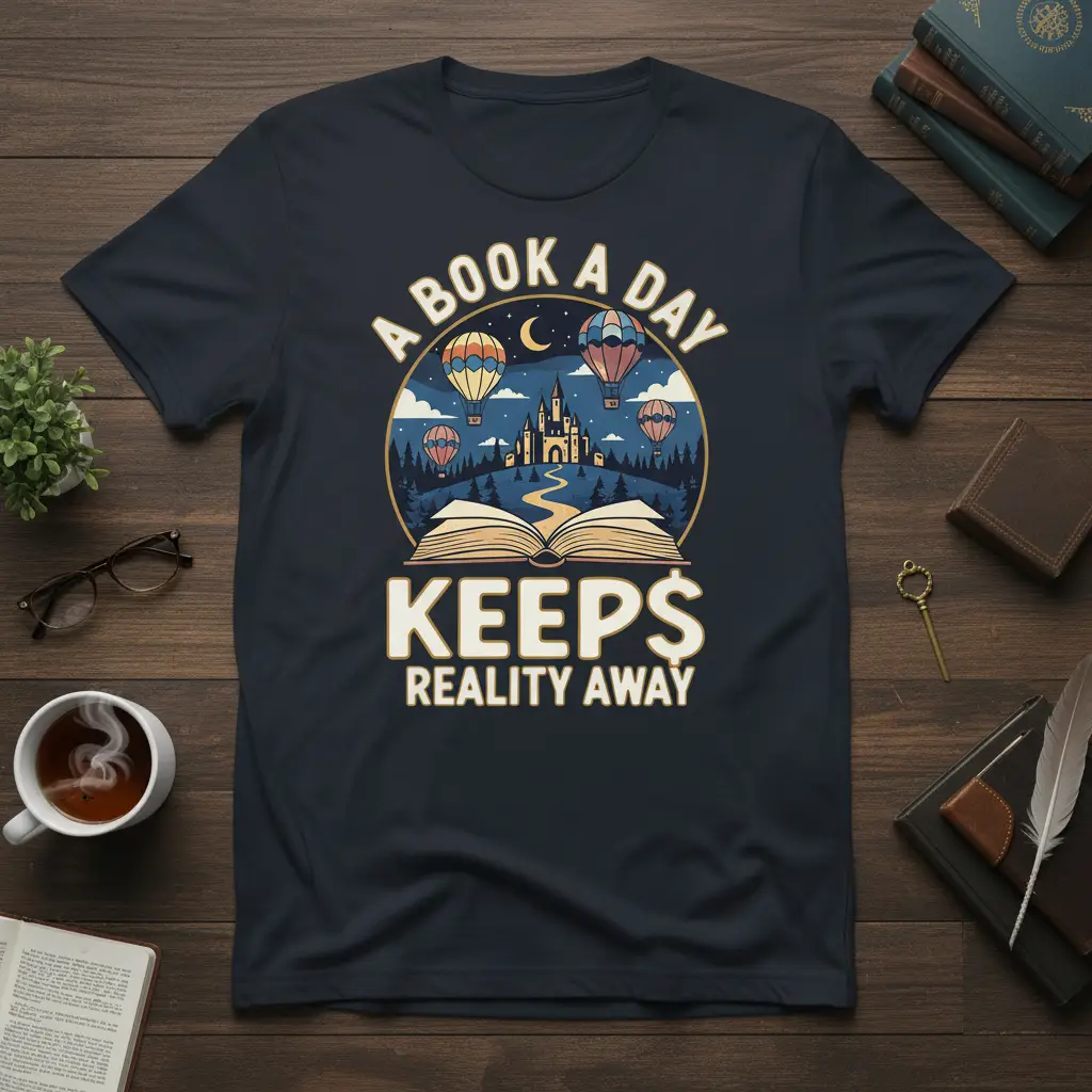 A Book A Day Keeps Reality Away quote on a navy t-shirt, featuring a magical castle and hot air balloons illustration