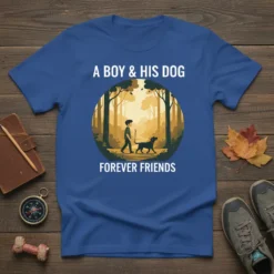 A Boy & His Dog Forever Friends text design featuring a boy walking his dog in a forest scene