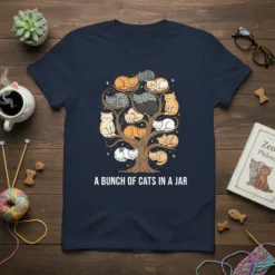 A Bunch of Cats in a Jar T-Shirt design featuring a tree filled with sleeping cats in various colors and