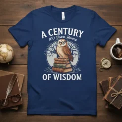 A Century 100 Years Young OF WISDOM t-shirt design with an owl on books and a tree graphic