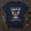 Christian t-shirt design with text "A Child of God A Woman of Faith A Warrior of Christ" and a shield
