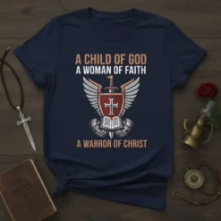 Christian t-shirt design with text "A Child of God A Woman of Faith A Warrior of Christ" and a shield