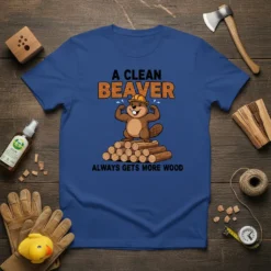 Funny "A Clean Beaver Always Gets More Wood" quote t-shirt with a cartoon beaver flexing on logs