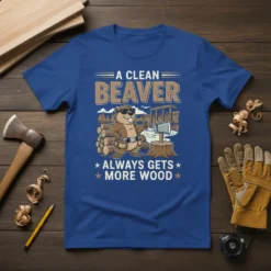 A Clean Beaver Always Gets More Wood humorous quote on a blue t-shirt featuring a cartoon beaver with an axe