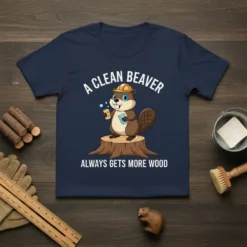 A Clean Beaver Always Gets More Wood funny pun t-shirt design with a cartoon beaver wearing a hard hat and
