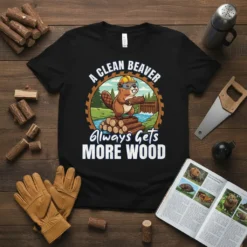 Black t-shirt graphic of a beaver holding wood, "A Clean Beaver Always Gets More Wood"