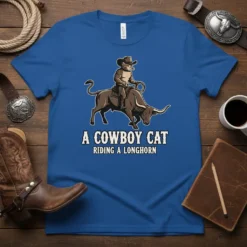 A Cowboy Cat Riding a Longhorn T-Shirt featuring a cat in a cowboy hat on a bull, text reads "A