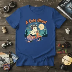 A Cute Ghost t-shirt design with a cartoon ghost riding an orange scooter through a desert landscape under a smiling
