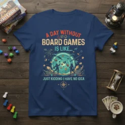 A Day Without Board Games Is Like Just Kidding I Have No Idea quote on a navy blue t-shirt with
