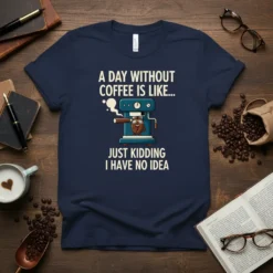 A Day Without Coffee Is Like... Just Kidding I Have No Idea funny quote t-shirt with a cartoon coffee machine