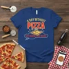 Blue t-shirt with "A Day Without Pizza Is Like Just Kidding I Have No Idea" quote and a sad pizza