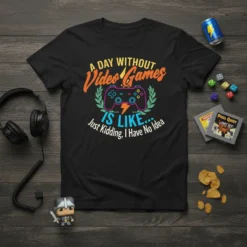 Black t-shirt with colorful text "A Day Without Video Games Is Like Just Kidding I Have No Idea" and a