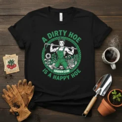 A Dirty Hoe Is A Happy Hoe Garden Club T-Shirt featuring a woman gardener with a hoe surrounded by plants