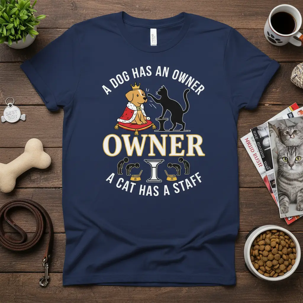 A dog has an owner owner a cat has a staff humorous pet hierarchy quote graphic tee
