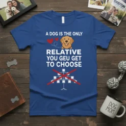 Blue t-shirt with white text: "A DOG IS THE ONLY RELATIVE YOU GEU GET TO CHOOSE", featuring a golden retriever