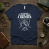 Navy t-shirt with white text "a friend closer than a brother" and Proverbs 18:24 scripture, featuring a graphic of two
