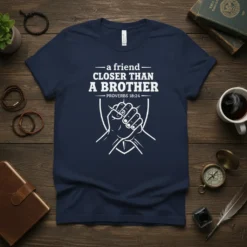 Navy t-shirt with white text "a friend closer than a brother" and Proverbs 18:24 scripture, featuring a graphic of two
