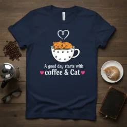 A good day starts with coffee & Cat T-Shirt featuring a cute cat sleeping in a coffee cup with paw