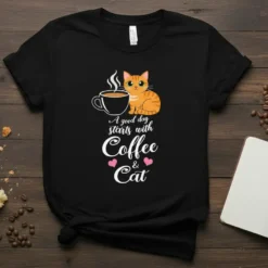 T-shirt with "A good day starts with Coffee & Cat" text and a cute cartoon cat with a coffee cup