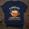 A Good Day Starts With Coffee & Cat text design with a cat sleeping in a coffee cup graphic