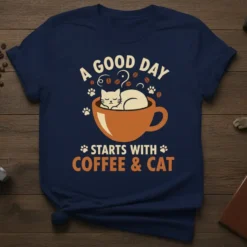 A Good Day Starts With Coffee & Cat text design with a cat sleeping in a coffee cup graphic