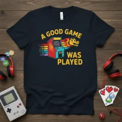 A Good Game Was Played retro arcade machine graphic on a navy t-shirt, celebrating classic video games