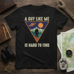 A Guy Like Me Is Hard To Find t-shirt featuring Bigfoot, UFO, and mountains graphic in a triangle design